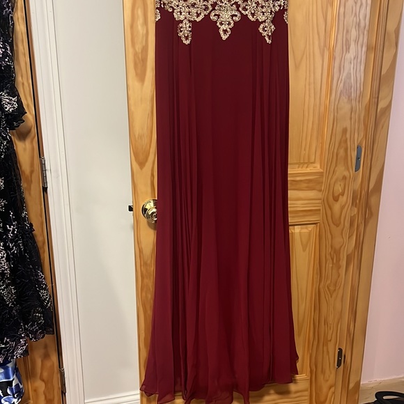 Burgundy and Gold Embellished Long Evening Gown Prom Dress - Picture 2 of 4
